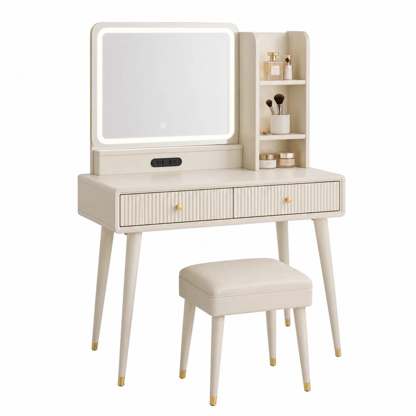Tocador de dormitorio con espejo LED y taburete, madera y poliéster, Beige