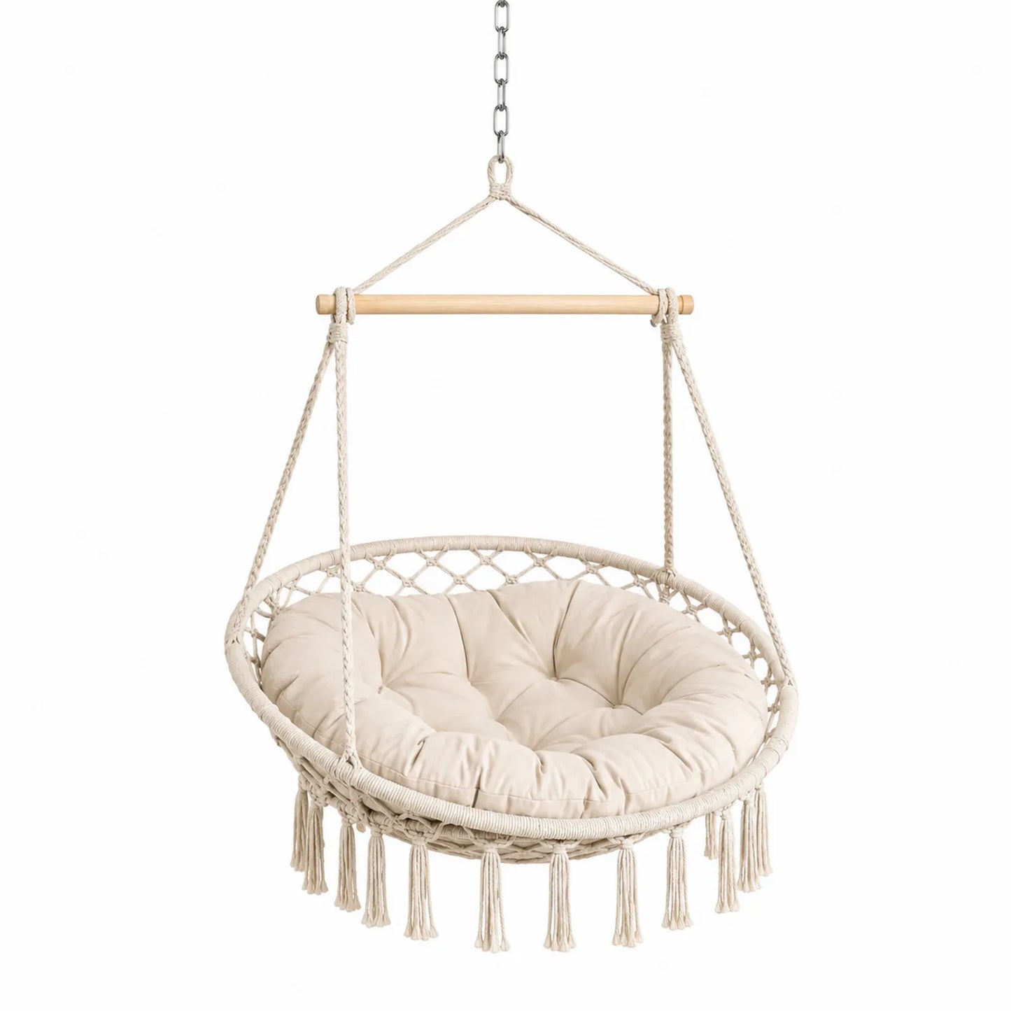 Hamaca Colgante de Algodón y Madera con Cojín Beige