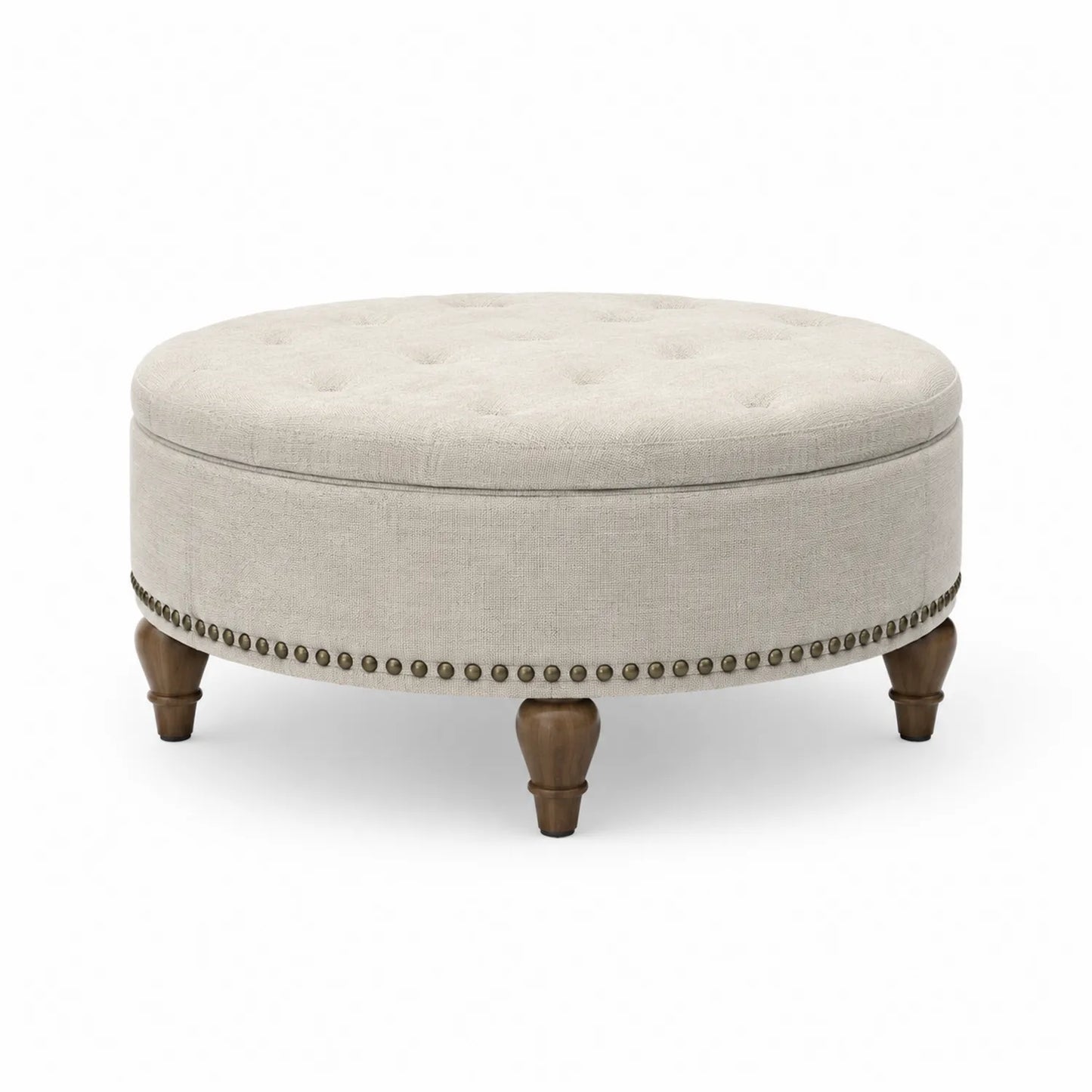 Ottoman redondo de lino con patas de madera