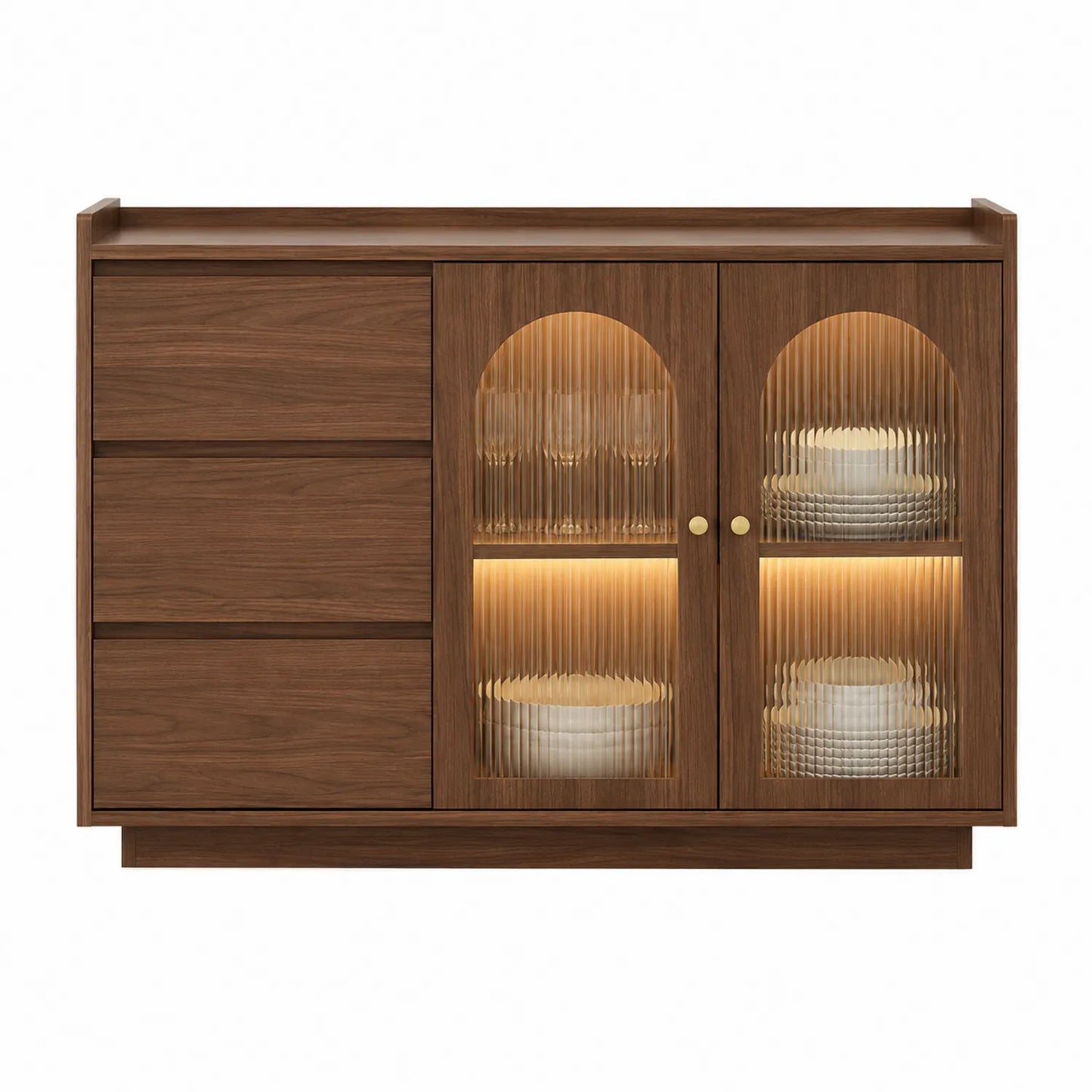 Aparador de madera con puertas de vidrio acanalado e iluminación LED