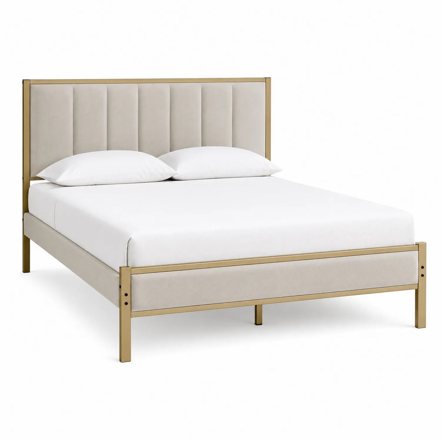 Cama de Metal con Cabecero Tapizado en Beige