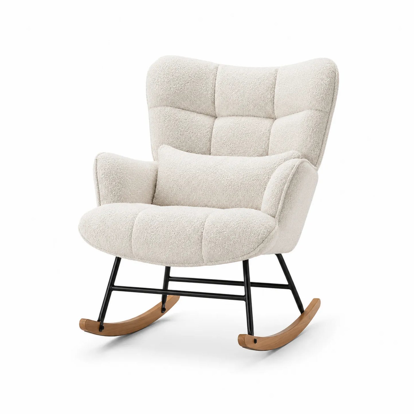 Silla mecedora de bouclé con estructura de metal y patas de madera color crema
