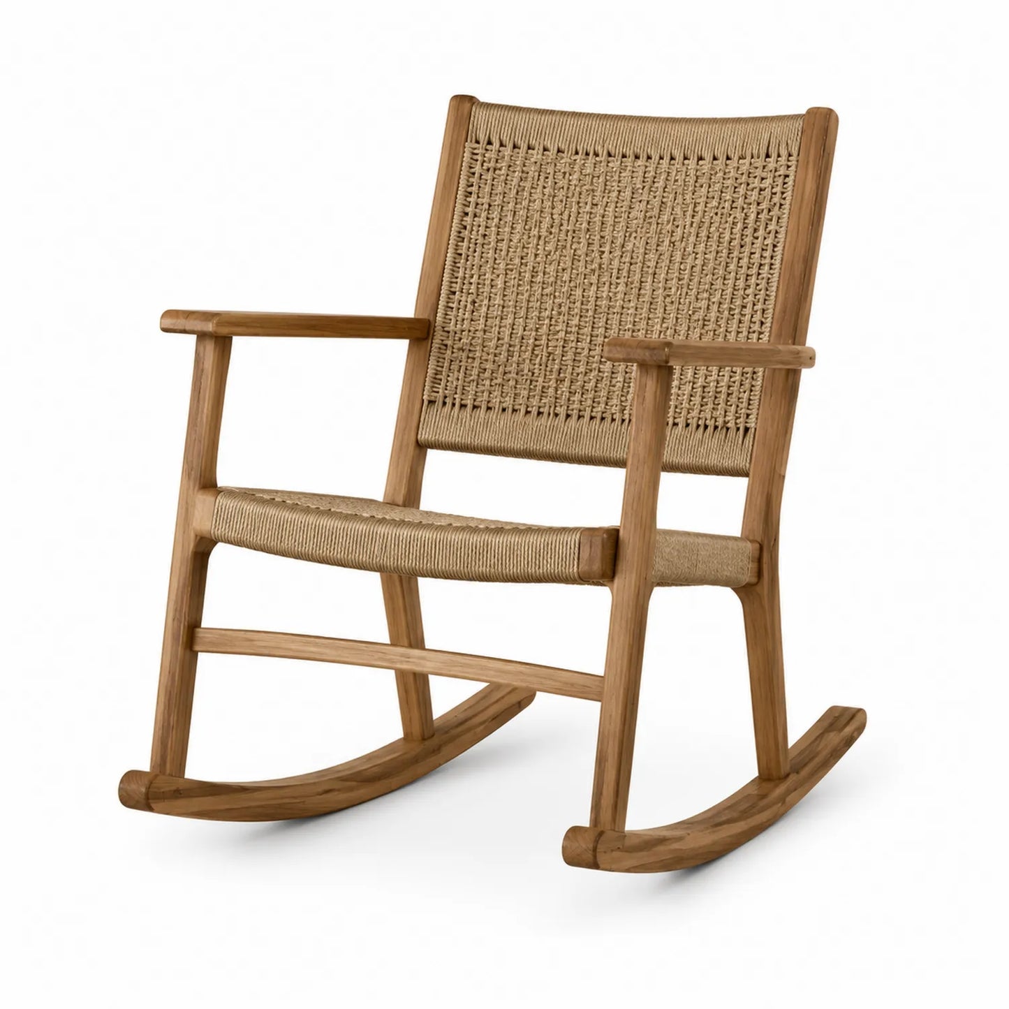 Silla mecedora de madera de teca y cuerda trenzada