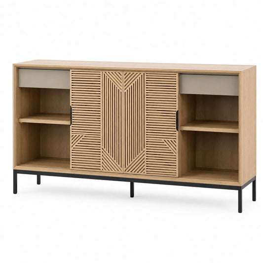 Aparador de madera con puertas correderas y patas de metal, natural y negro