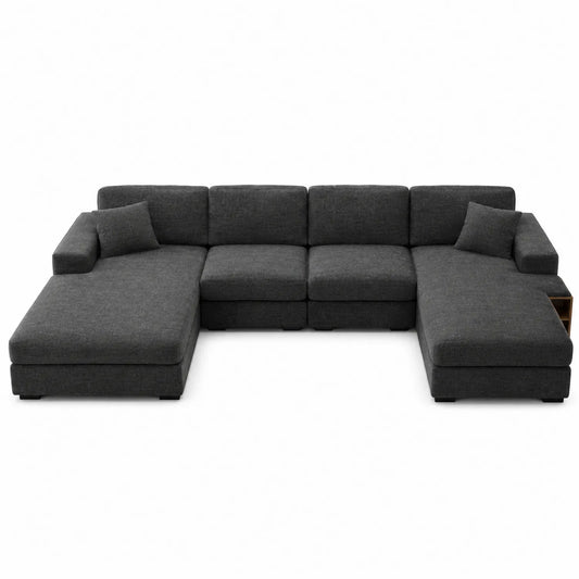 Sofá modular de tela gris oscuro en forma de L con chaise longue