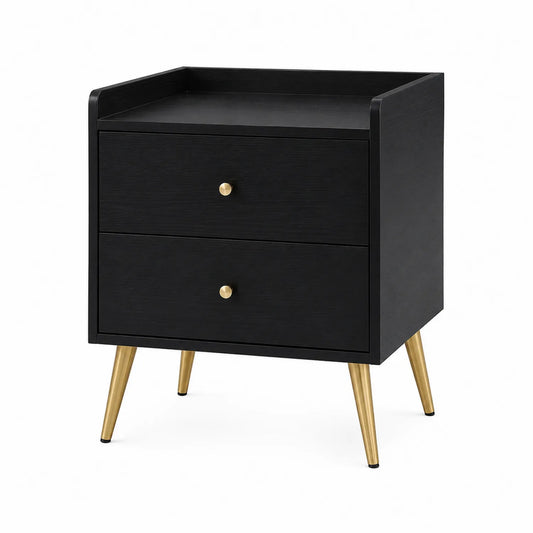 Mesita de Noche de Madera Negro con Patas de Metal Doradas