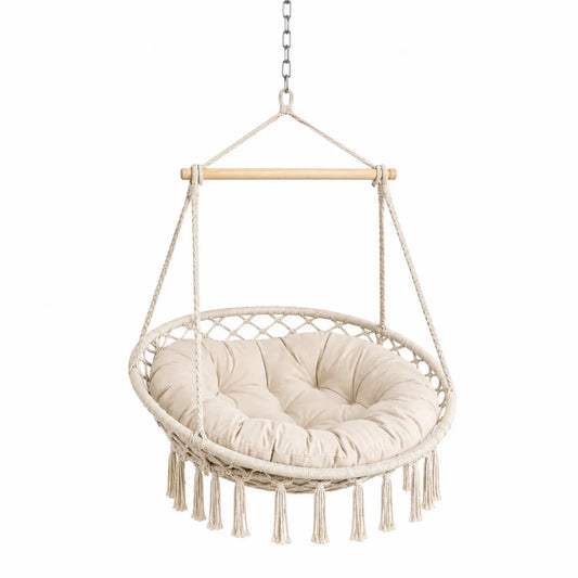 Hamaca Colgante de Algodón y Madera con Cojín Beige