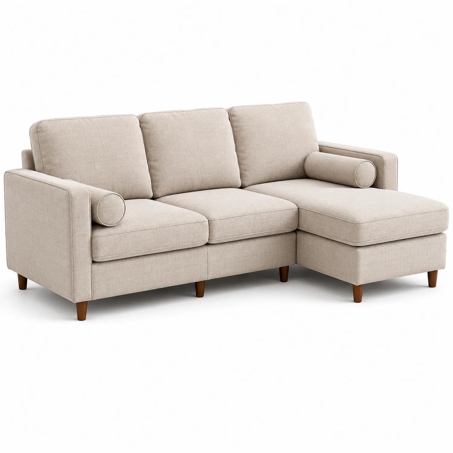Sofá en L tres plazas beige con funda de tela y patas de madera
