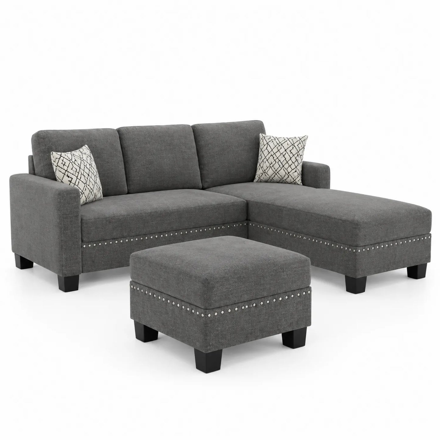 Sofá Seccional en Forma de L de Tela con Chaise Longue y Taburete