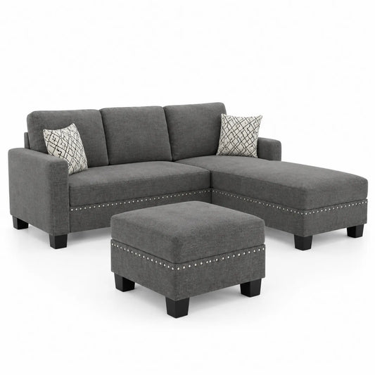 Sofá Seccional en Forma de L de Tela con Chaise Longue y Taburete