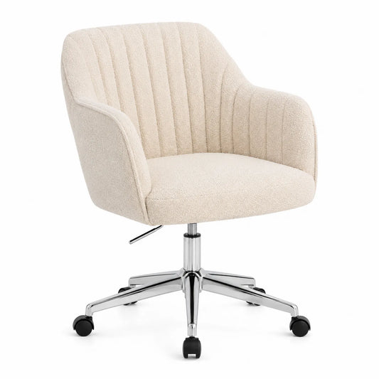 Silla de oficina de poliéster beige con base giratoria de metal cromado