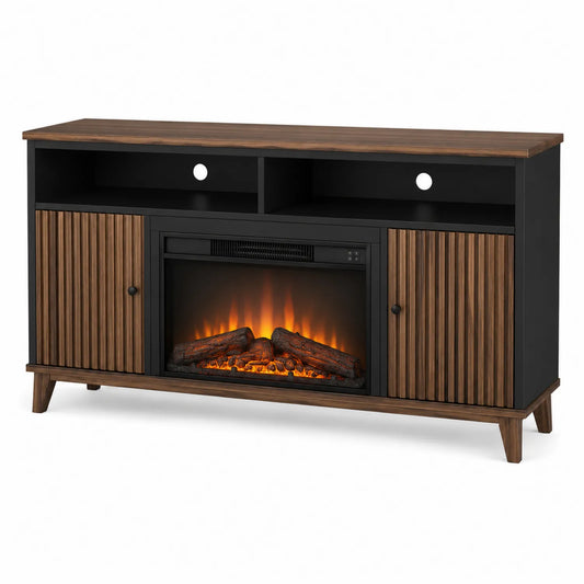 Mueble para TV con Chimenea Eléctrica MDF Negro y Madera