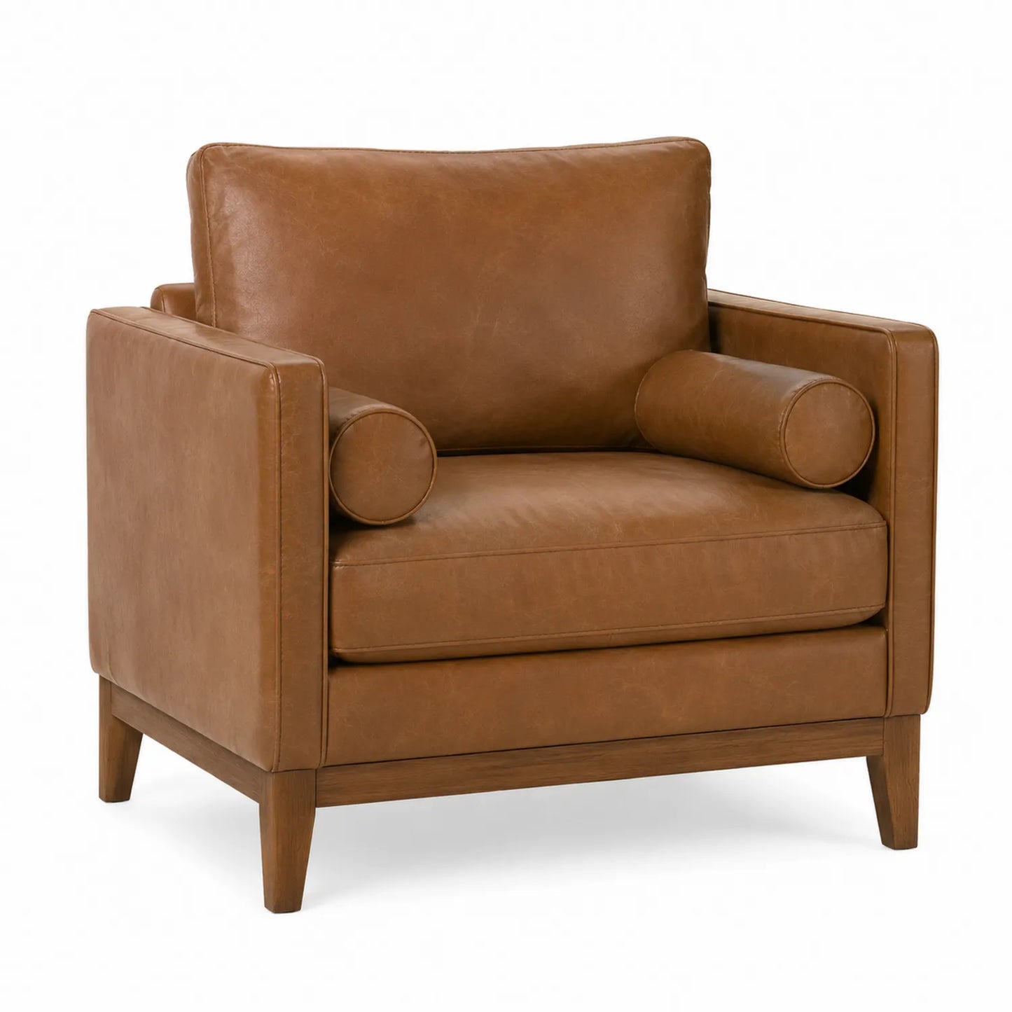 Sillón de cuero marrón con estructura de madera