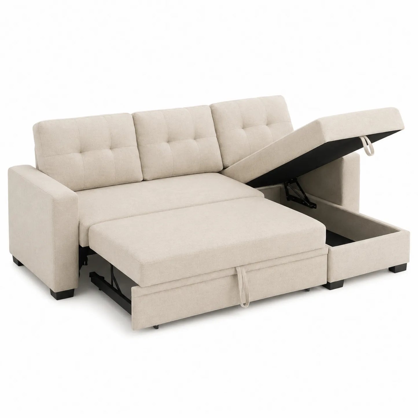 Sofá cama esquinero tapizado en poliéster beige con almacenamiento