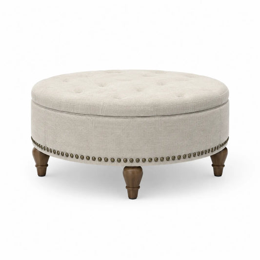 Ottoman redondo de lino con patas de madera