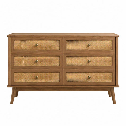 Cómoda de madera y ratán natural con 6 cajones 120x40x75 cm