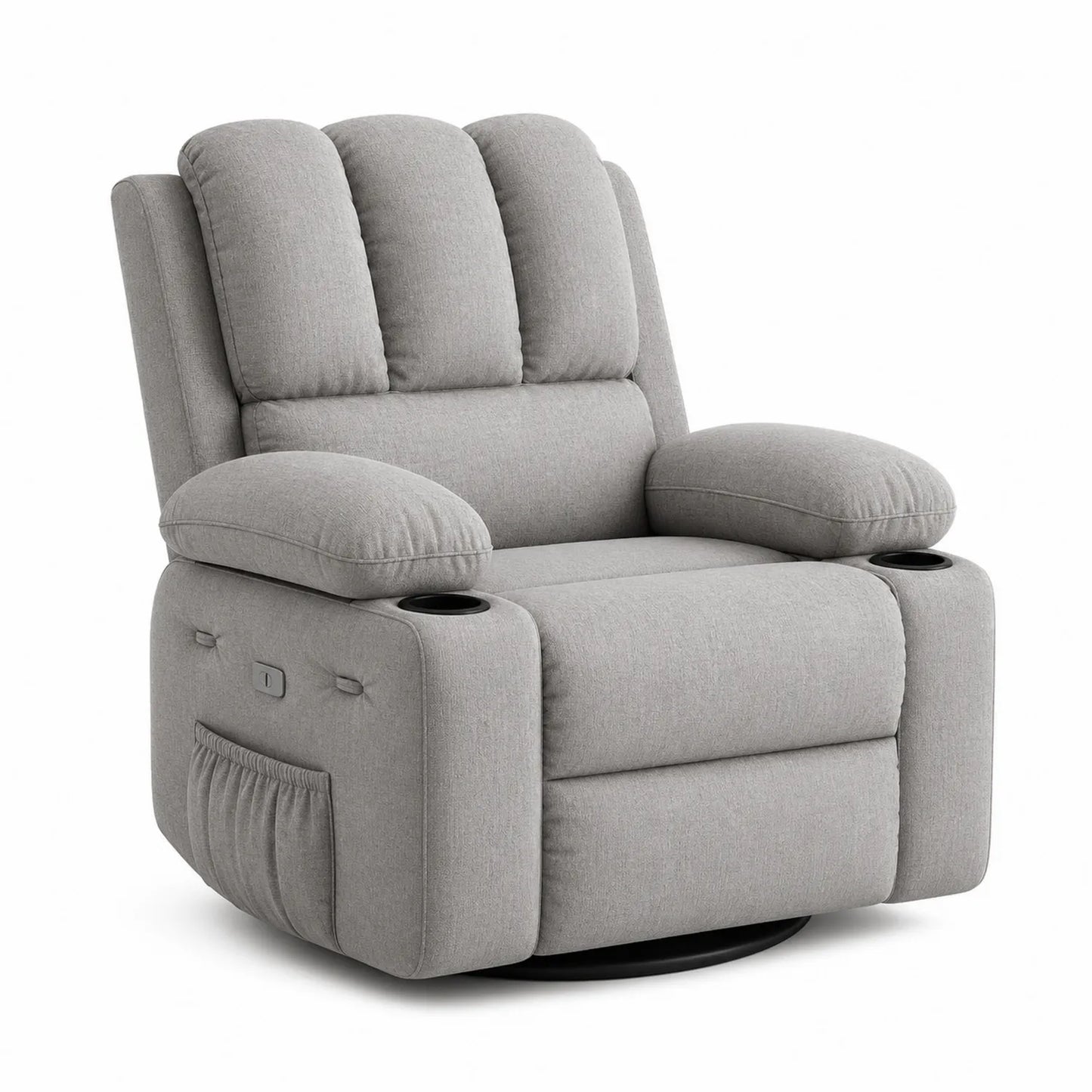 Sillón reclinable de tela gris con portavasos y bolsillo lateral