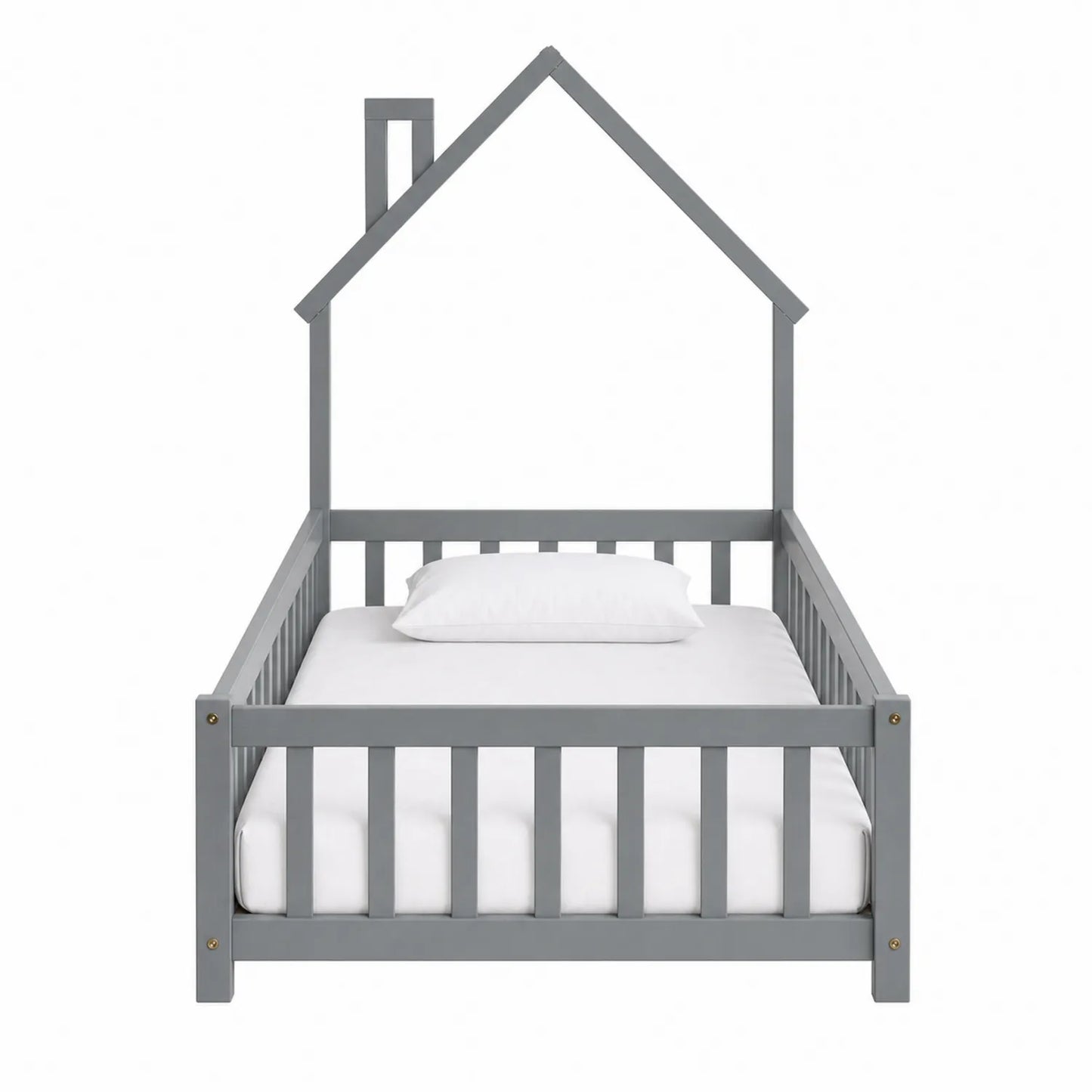 Cama infantil de madera en forma de casa gris con colchón