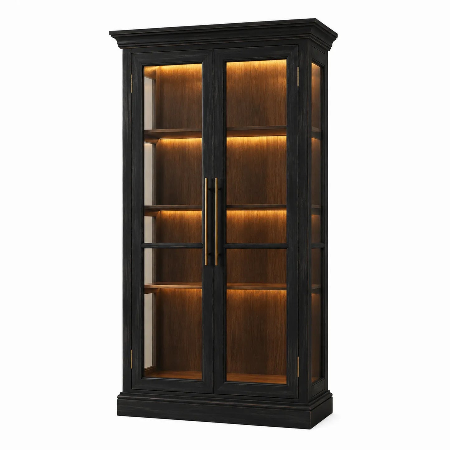 Armario librería de madera con puertas de vidrio y luz LED