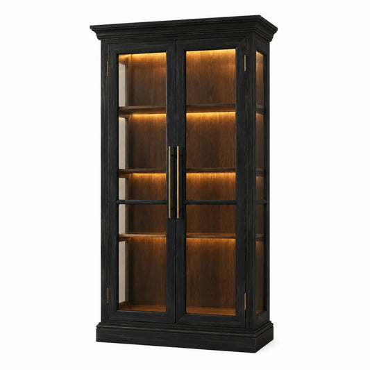 Armario librería de madera con puertas de vidrio y luz LED