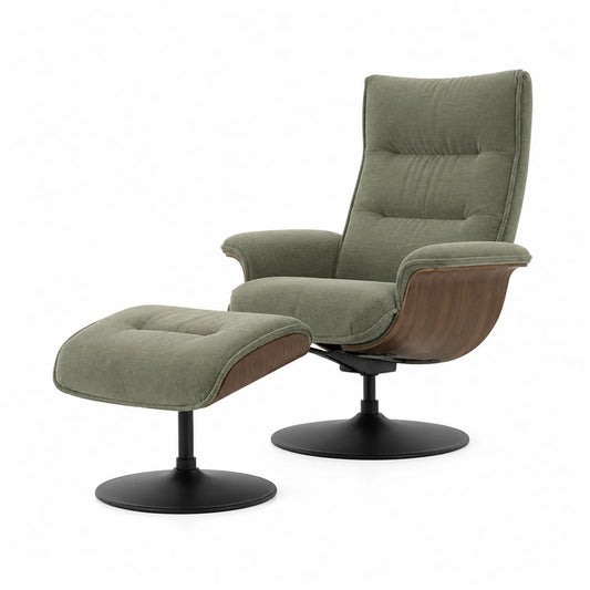 Sillón Giratorio de Tela Verde con Reposapiés de Madera y Metal