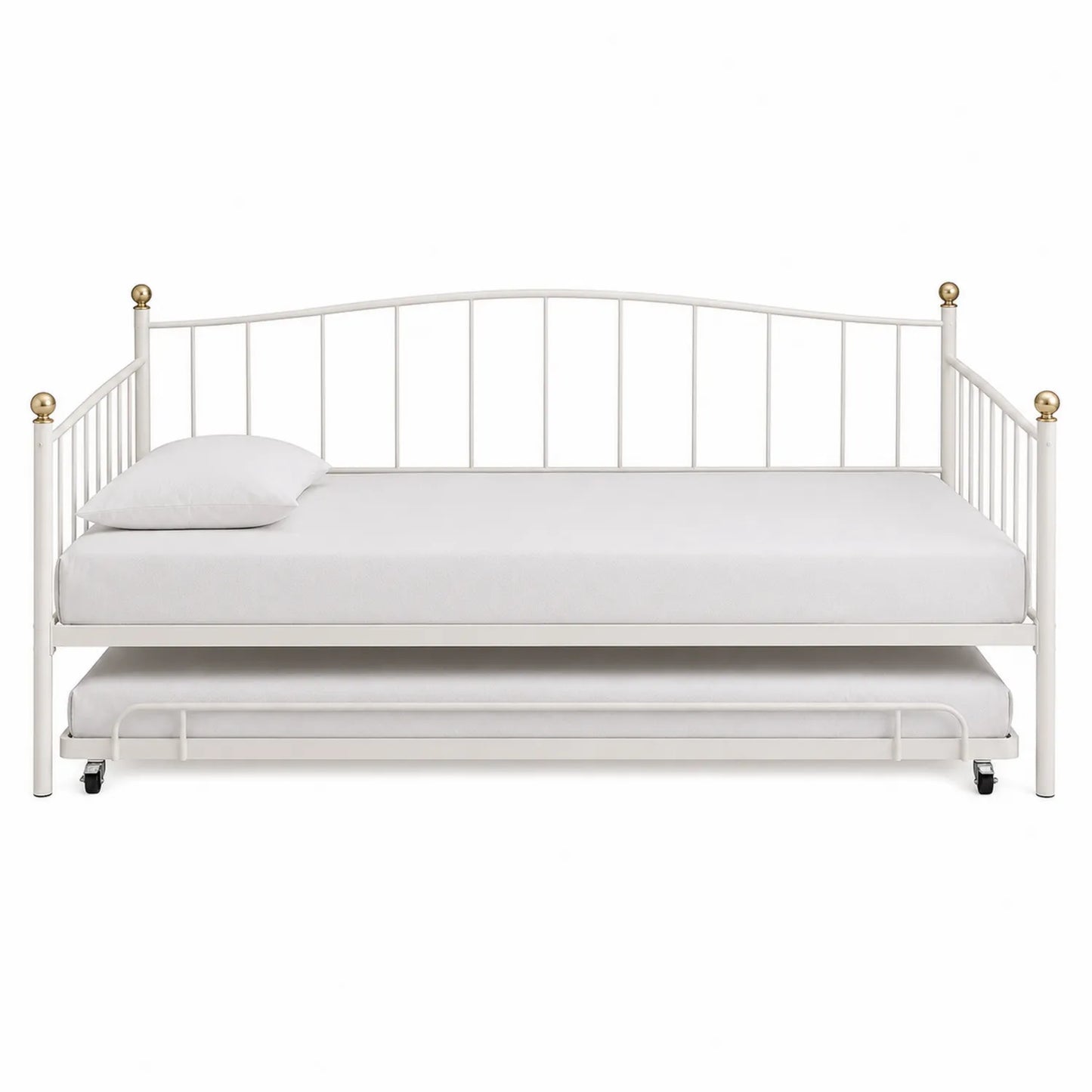 Cama nido de metal blanco con detalles dorados, somier y ruedas, 200x90 cm