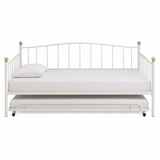 Cama nido de metal blanco con detalles dorados, somier y ruedas, 200x90 cm